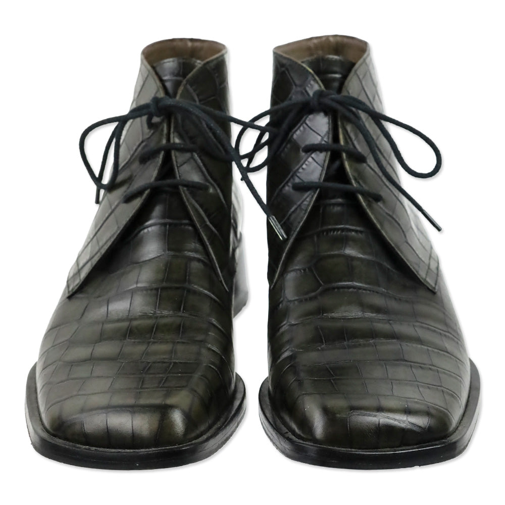 Bally Farell Green Croc-Embossed Leather Square Derby Boots