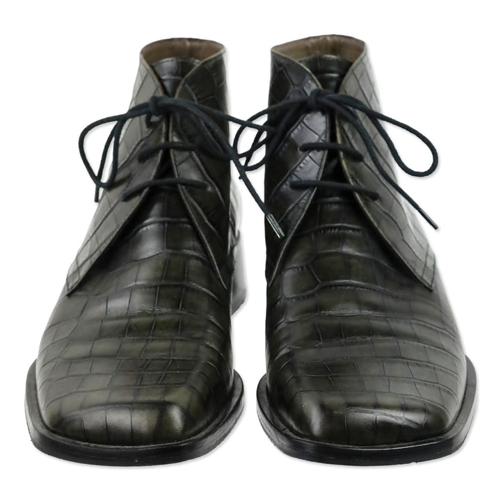 Bally Farell Green Croc-Embossed Leather Square Derby Boots