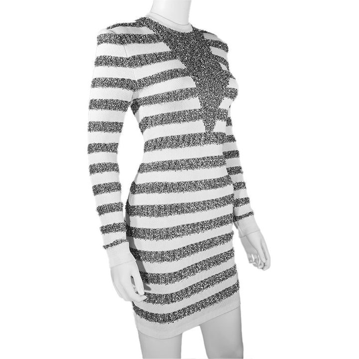 Balmain White & Silver Stripe Mesh Knit Dress