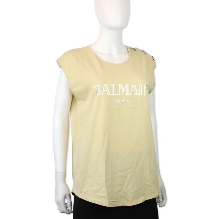 Balmain Beige Cotton Silver Logo Graphic Muscle T-Shirt