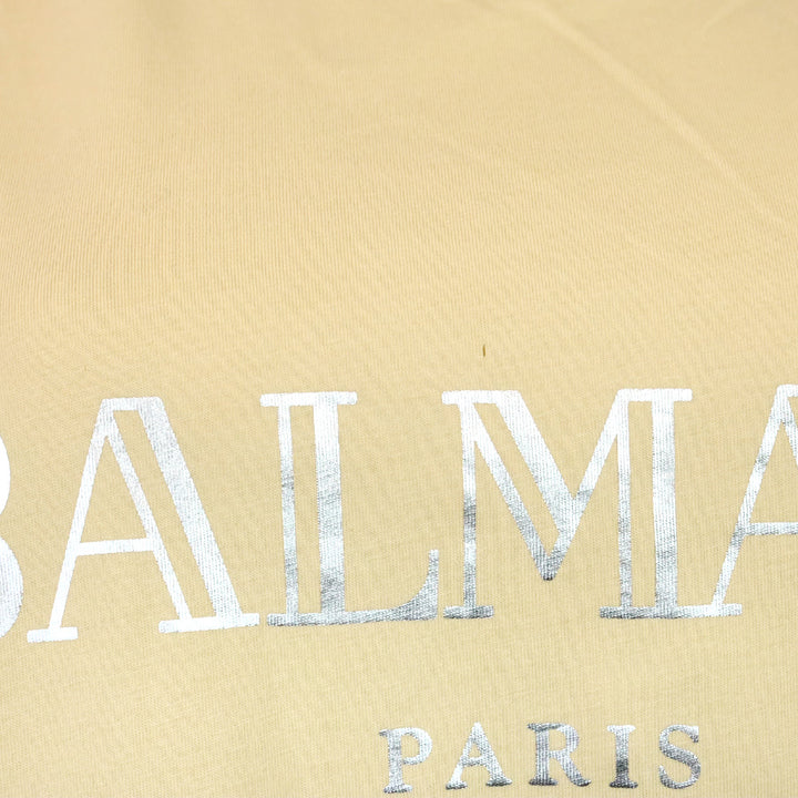 Balmain Beige Cotton Silver Logo Graphic Muscle T-Shirt