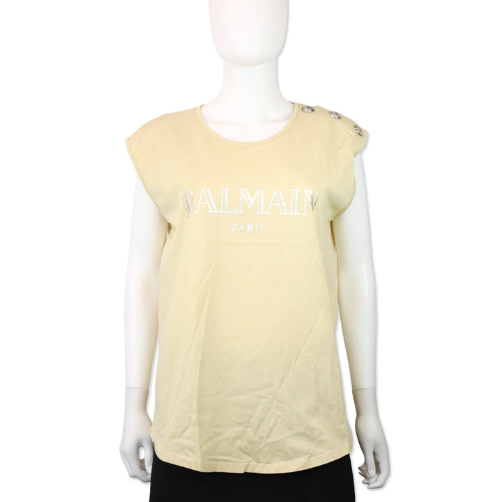 Balmain Beige Cotton Silver Logo Graphic Muscle T-Shirt