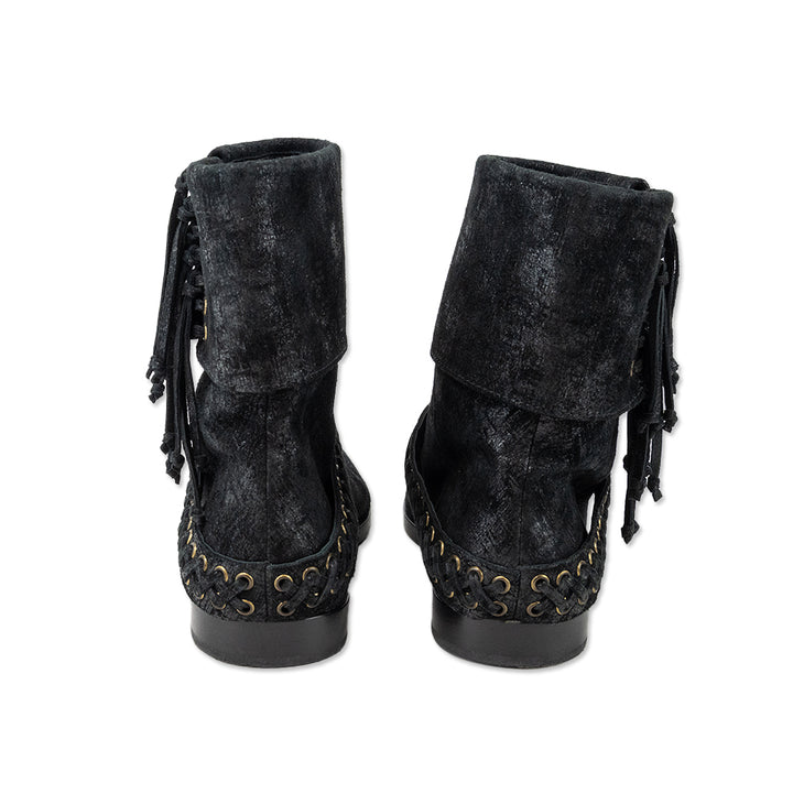 Balmain Black Suede Braided Fringe Ankle Boots