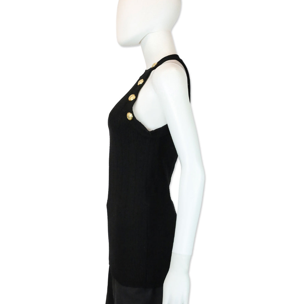 Balmain Black Wool Blend Ribbed-Knit Gold Button-Detail Halter Tank Top
