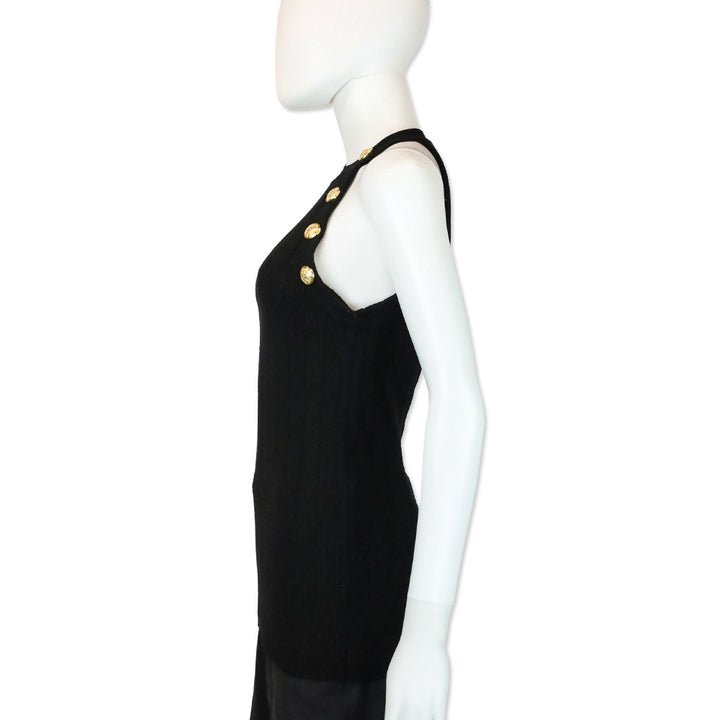 Balmain Black Wool Blend Ribbed-Knit Gold Button-Detail Halter Tank Top