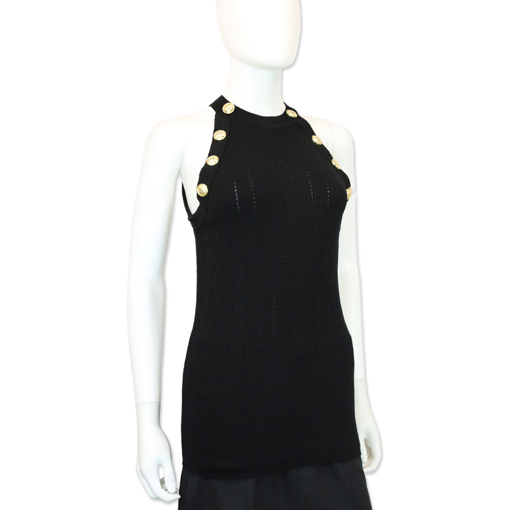 Balmain Black Wool Blend Ribbed-Knit Gold Button-Detail Halter Tank Top