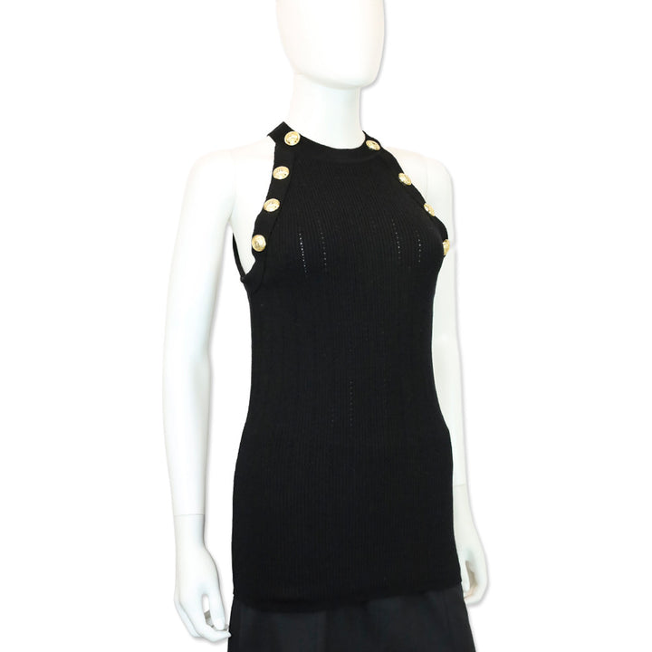 Balmain Black Wool Blend Ribbed-Knit Gold Button-Detail Halter Tank Top