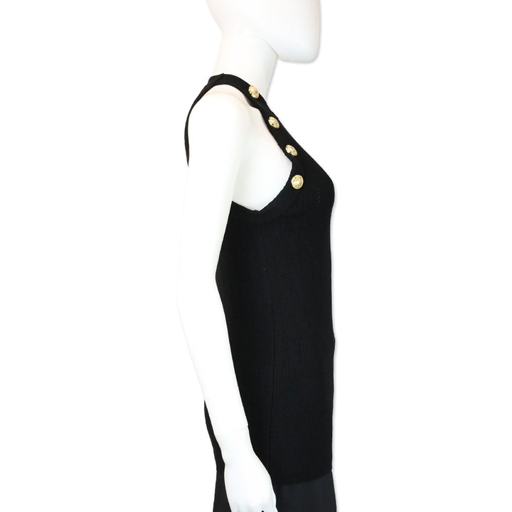 Balmain Black Wool Blend Ribbed-Knit Gold Button-Detail Halter Tank Top