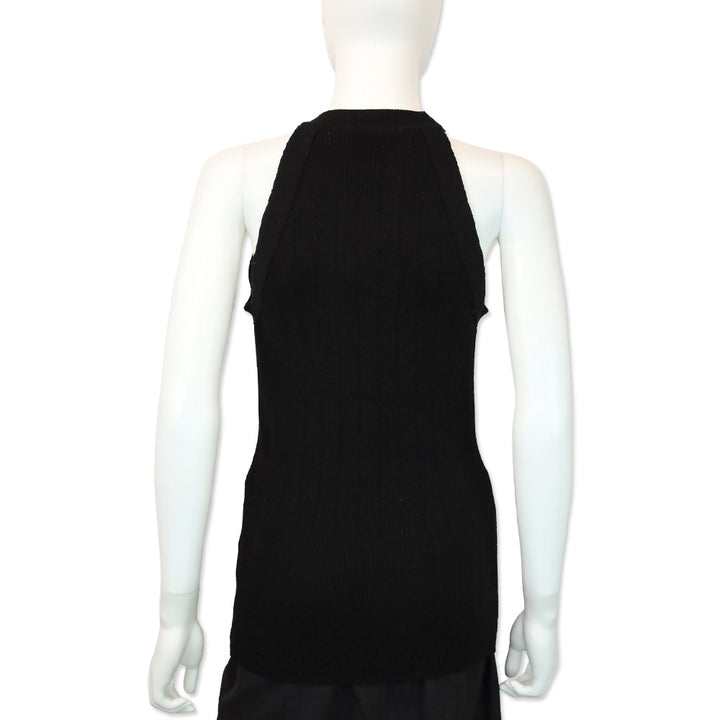 Balmain Black Wool Blend Ribbed-Knit Gold Button-Detail Halter Tank Top