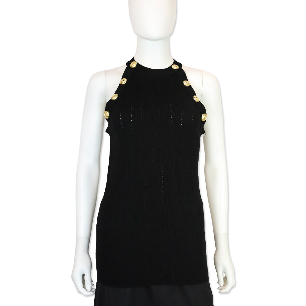 Balmain Black Wool Blend Ribbed-Knit Gold Button-Detail Halter Tank Top