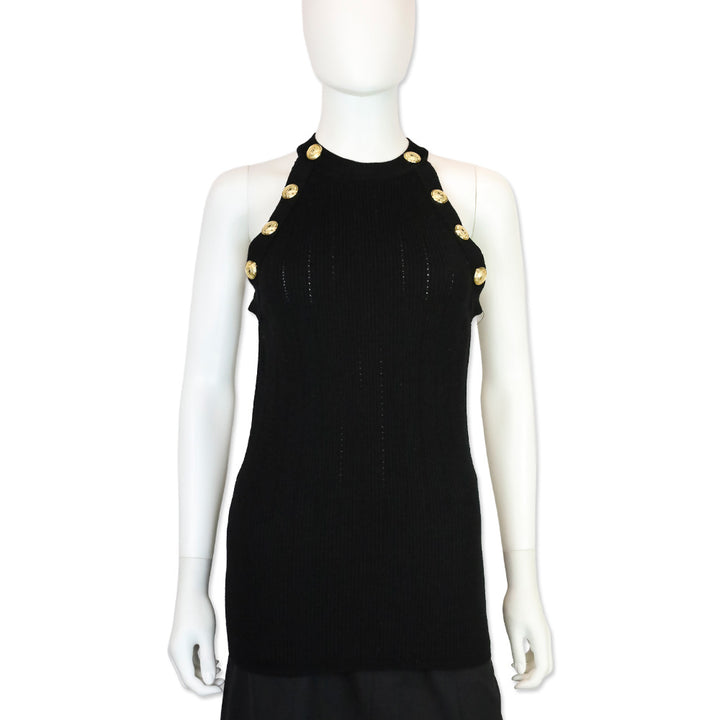 Balmain Black Wool Blend Ribbed-Knit Gold Button-Detail Halter Tank Top