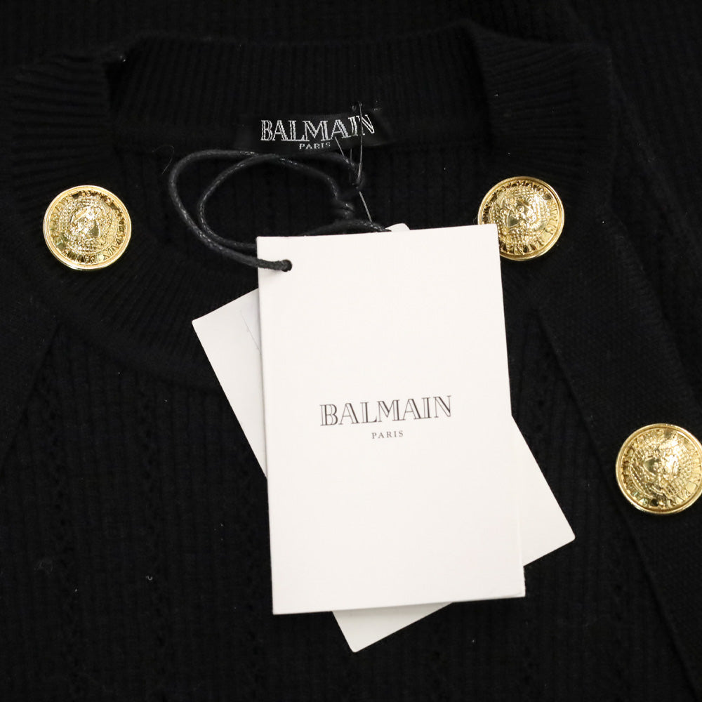 Balmain Black Wool Blend Ribbed-Knit Gold Button-Detail Halter Tank Top