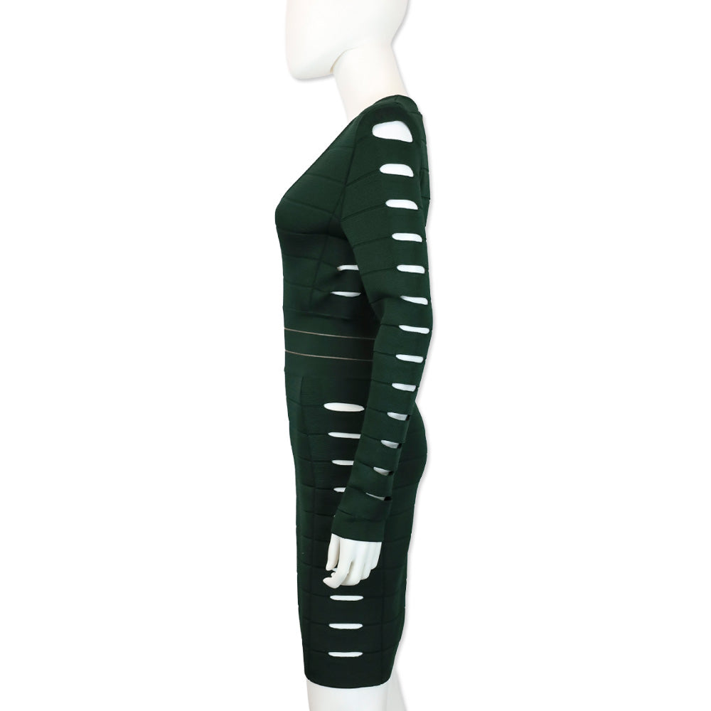 Balmain Emerald Green Cut Out Long Sleeve Bandage Midi Dress