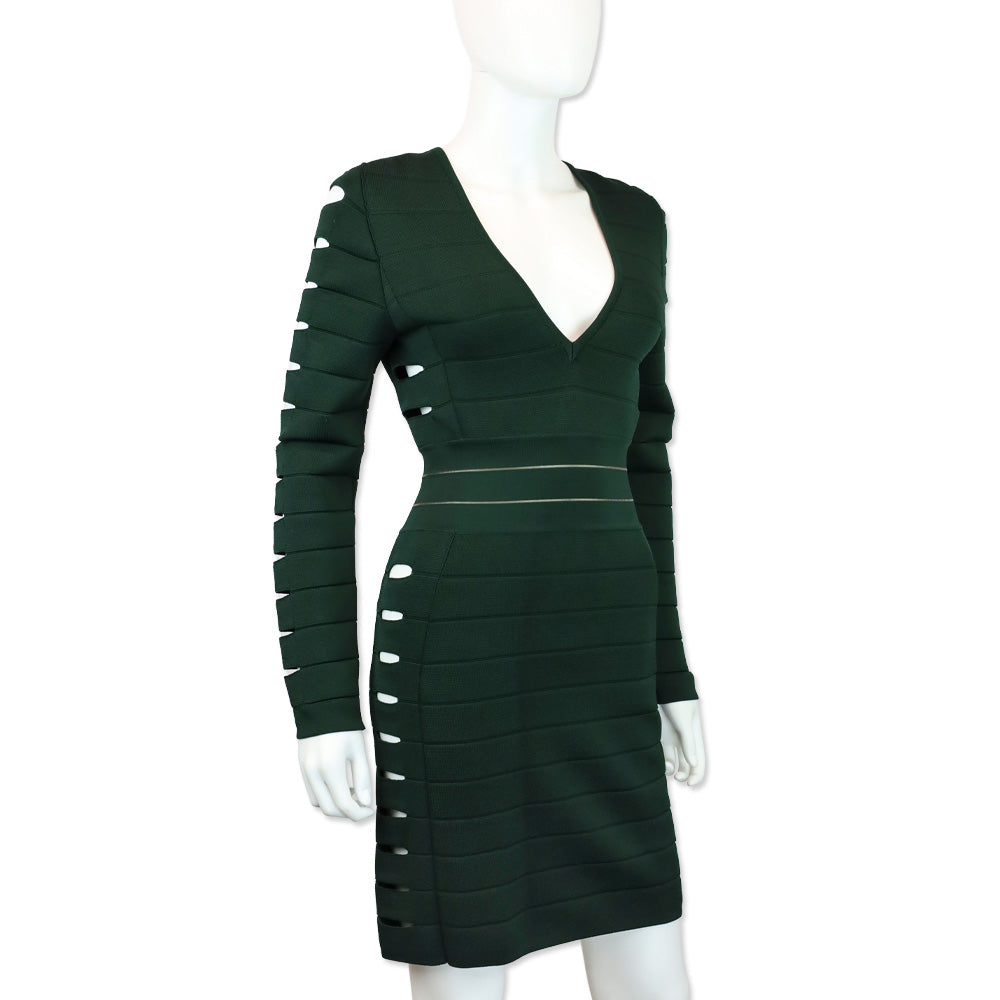 Balmain Emerald Green Cut Out Long Sleeve Bandage Midi Dress
