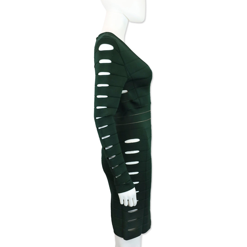Balmain Emerald Green Cut Out Long Sleeve Bandage Midi Dress