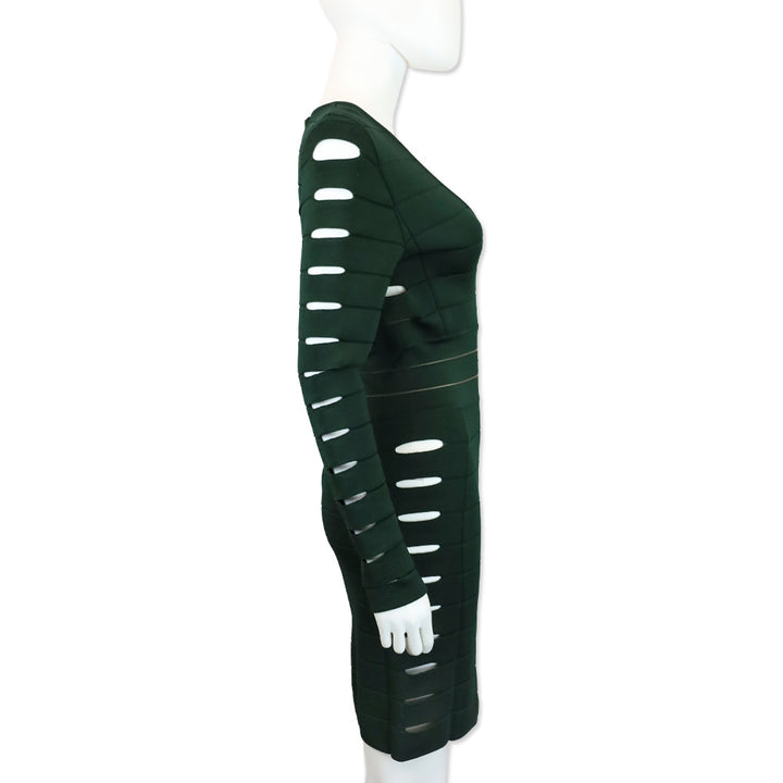 Balmain Emerald Green Cut Out Long Sleeve Bandage Midi Dress