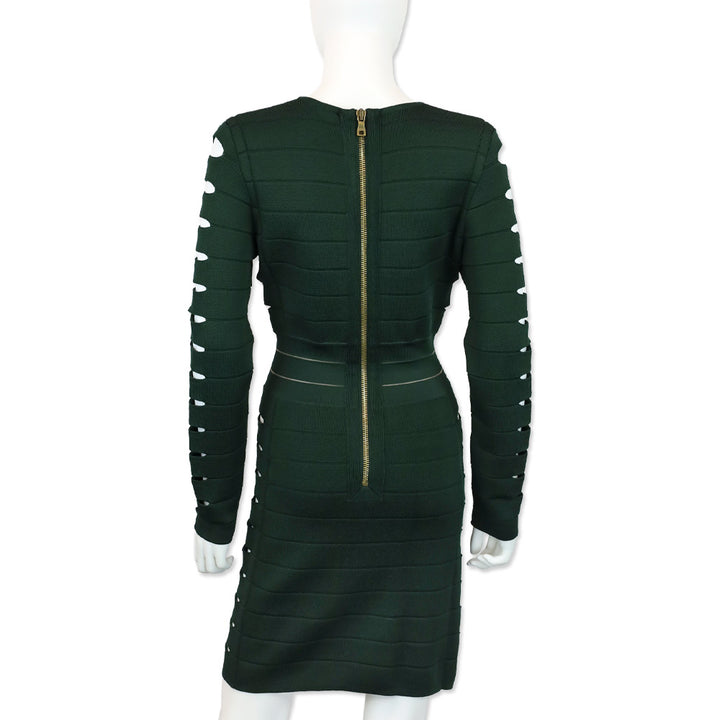 Balmain Emerald Green Cut Out Long Sleeve Bandage Midi Dress