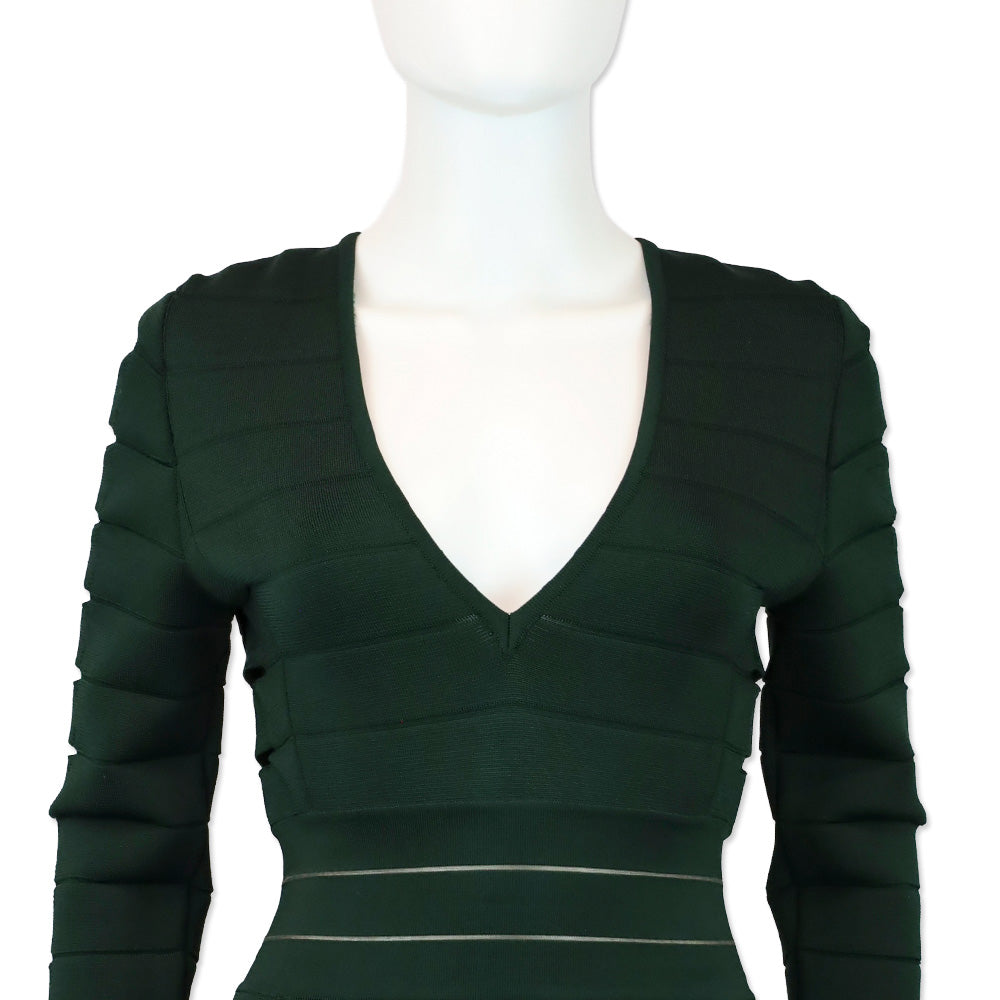 Balmain Emerald Green Cut Out Long Sleeve Bandage Midi Dress