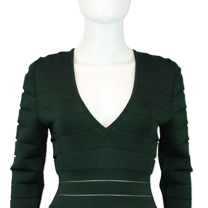 Balmain Emerald Green Cut Out Long Sleeve Bandage Midi Dress