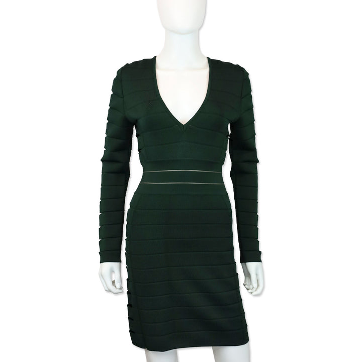 Balmain Emerald Green Cut Out Long Sleeve Bandage Midi Dress