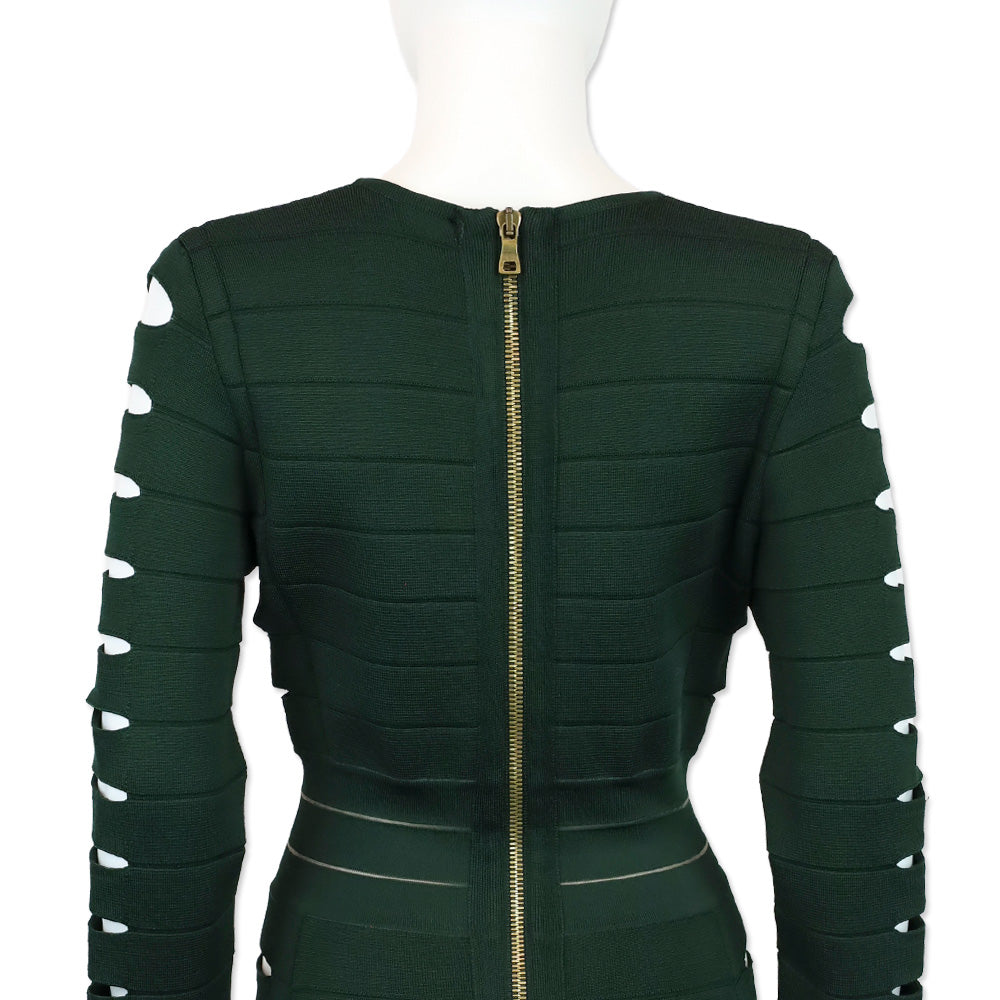 Balmain Emerald Green Cut Out Long Sleeve Bandage Midi Dress