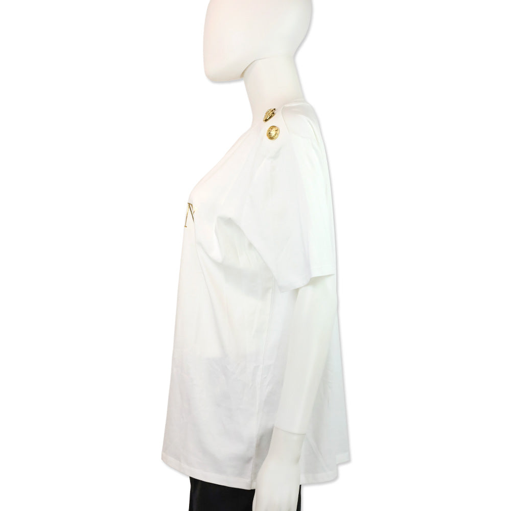 Balmain Gold Logo Printed White Cotton Jersey Graphic T-Shirt