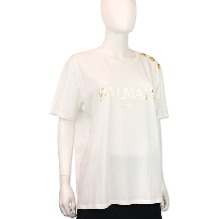 Balmain Gold Logo Printed White Cotton Jersey Graphic T-Shirt