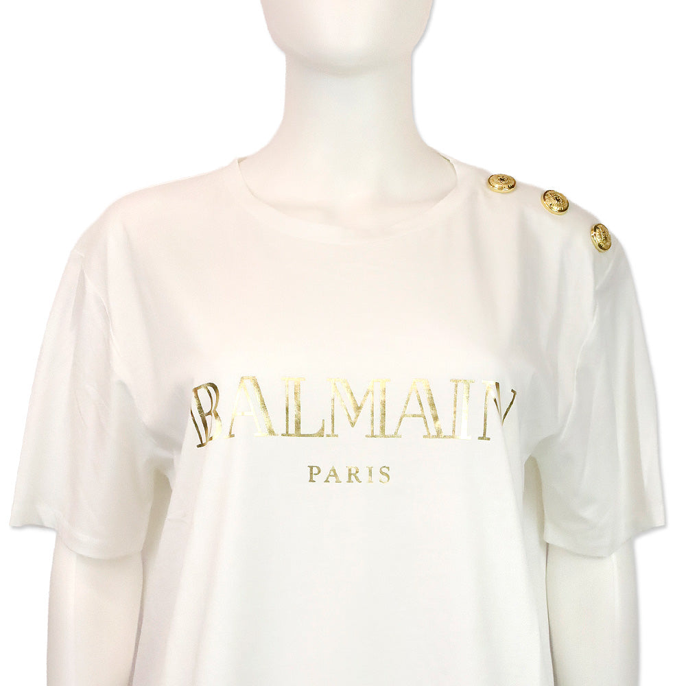 Balmain Gold Logo Printed White Cotton Jersey Graphic T-Shirt