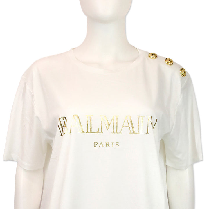 Balmain Gold Logo Printed White Cotton Jersey Graphic T-Shirt