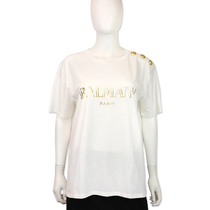 Balmain Gold Logo Printed White Cotton Jersey Graphic T-Shirt
