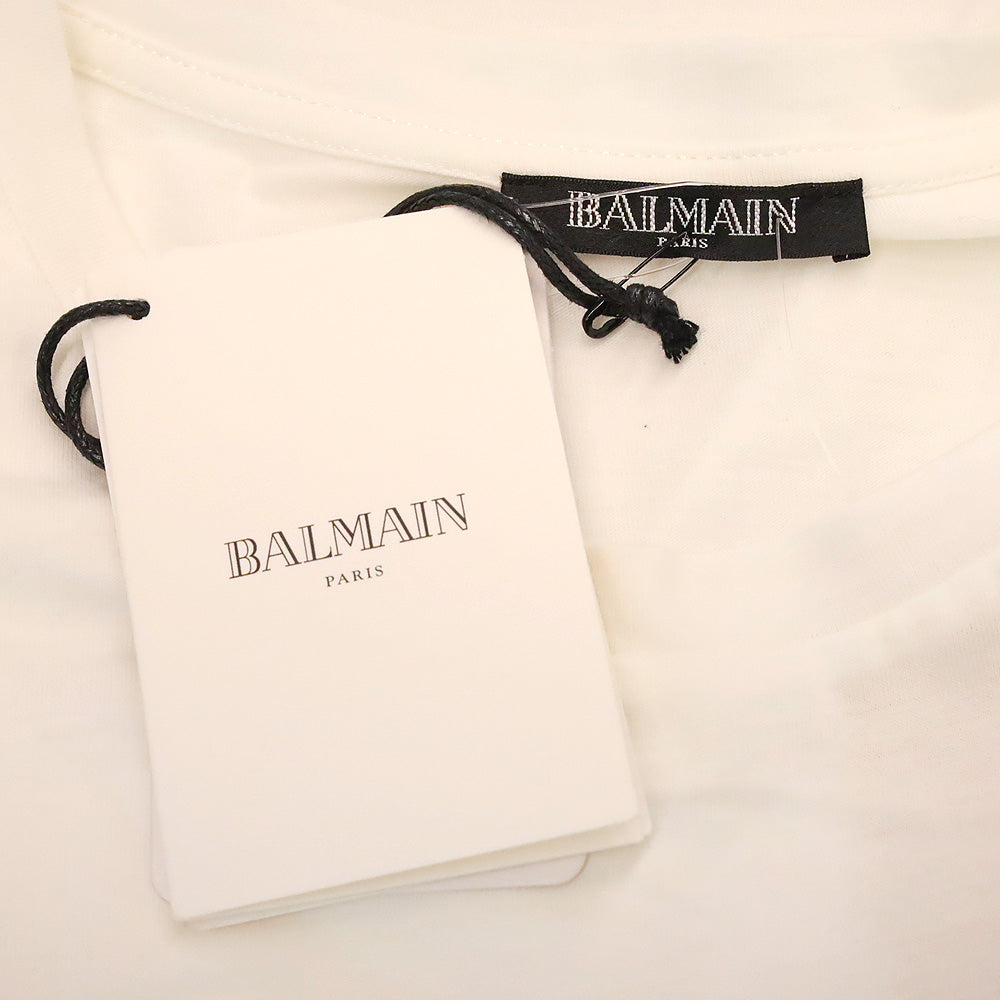 Balmain Gold Logo Printed White Cotton Jersey Graphic T-Shirt