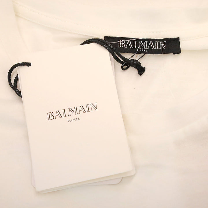 Balmain Gold Logo Printed White Cotton Jersey Graphic T-Shirt