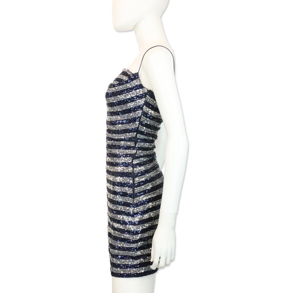 Balmain Navy/Silver Striped Sequined Spaghetti Strap Mini Dress