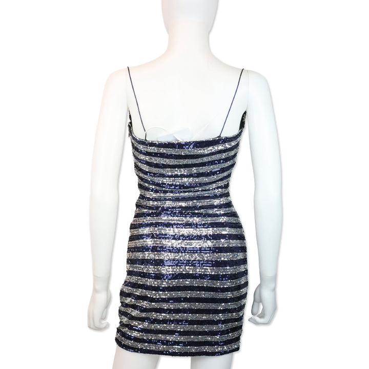 Balmain Navy/Silver Striped Sequined Spaghetti Strap Mini Dress