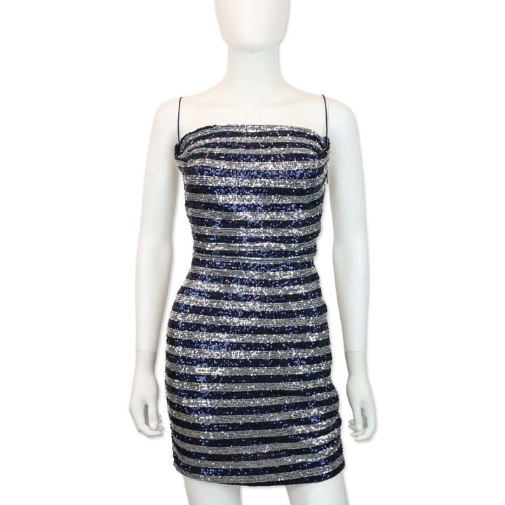 Balmain Navy/Silver Striped Sequined Spaghetti Strap Mini Dress