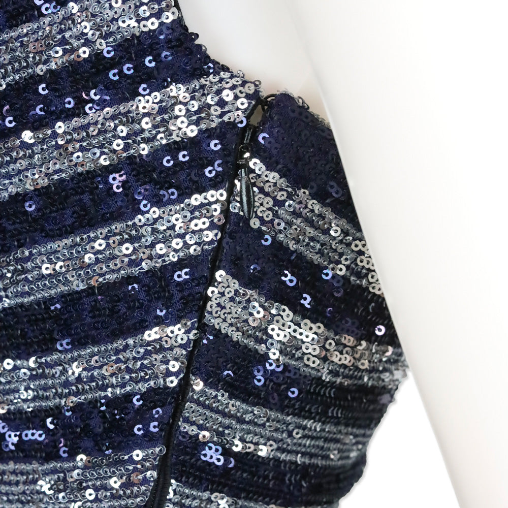 Balmain Navy/Silver Striped Sequined Spaghetti Strap Mini Dress