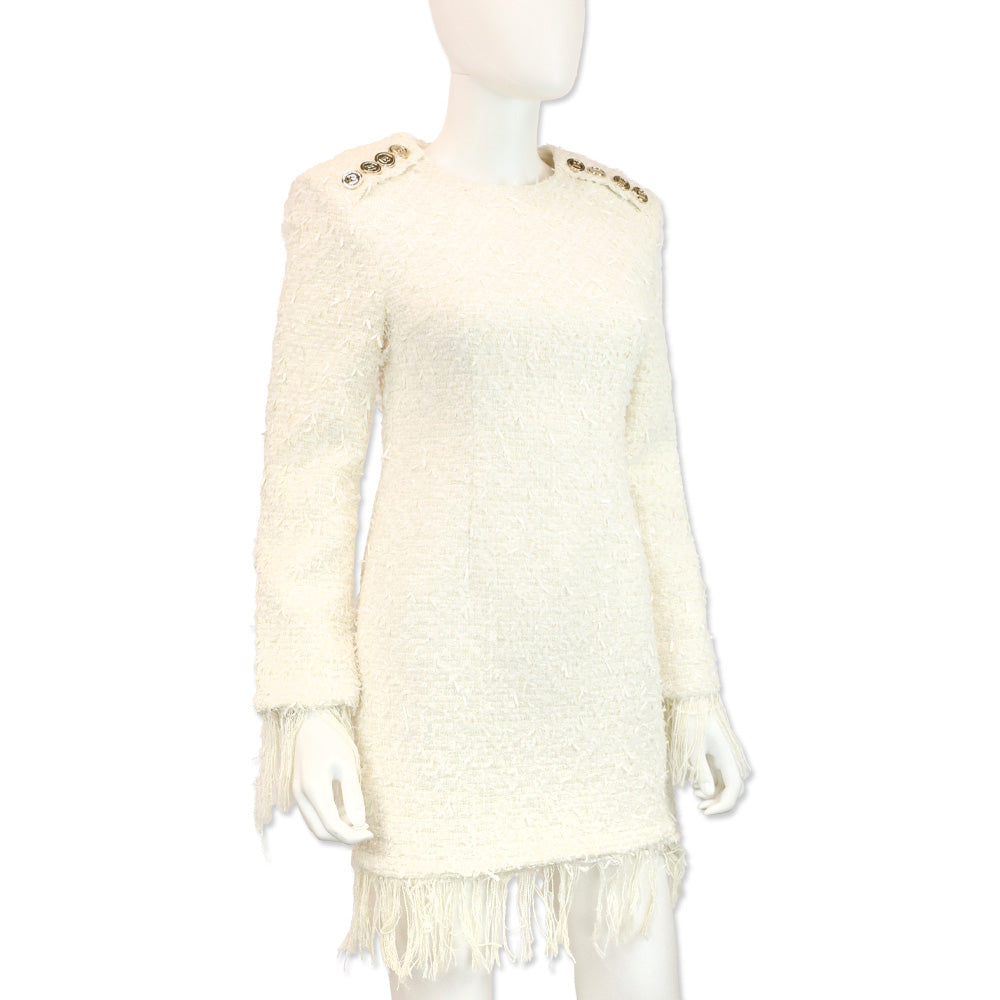Balmain White Frayed Boucle Tweed Four-Button Fringe Midi Dress
