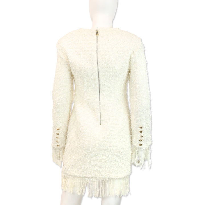 Balmain White Frayed Boucle Tweed Four-Button Fringe Midi Dress
