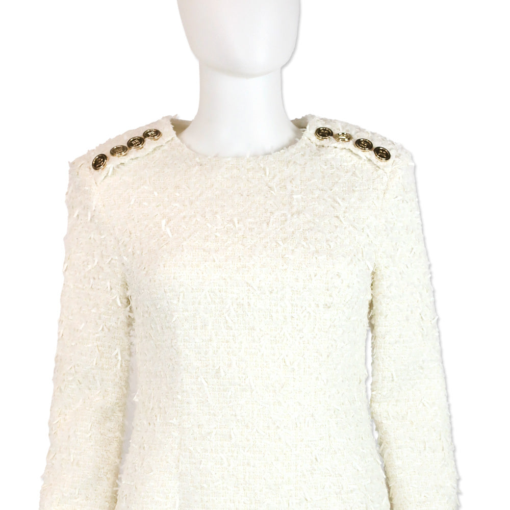 Balmain White Frayed Boucle Tweed Four-Button Fringe Midi Dress | DBLTKE Luxury Consignment Boutique Balmain White Frayed Boucle Tweed Four-Button Fringe Midi Dress | DBLTKE Luxury Consignment Boutique