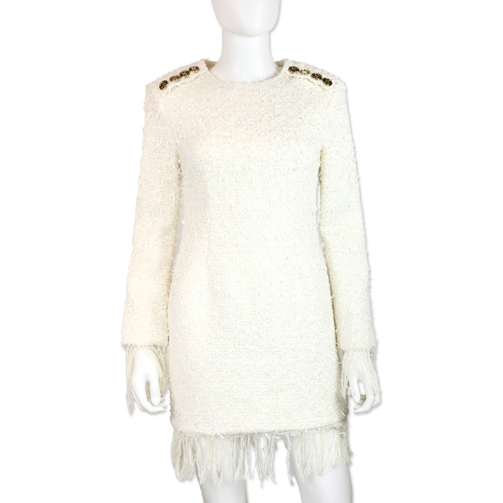 Balmain White Frayed Boucle Tweed Four-Button Fringe Midi Dress