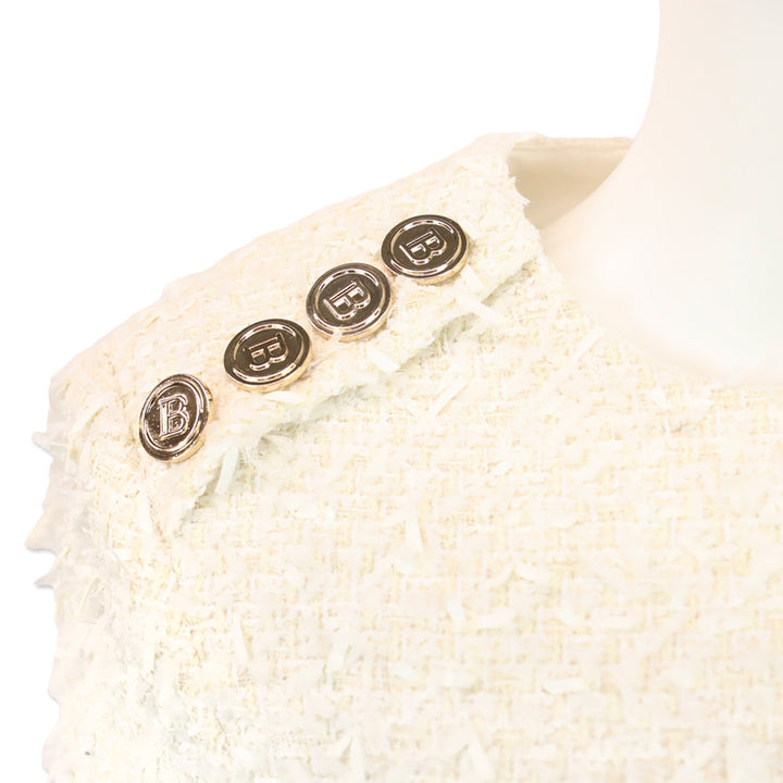 Balmain White Frayed Boucle Tweed Four-Button Fringe Midi Dress