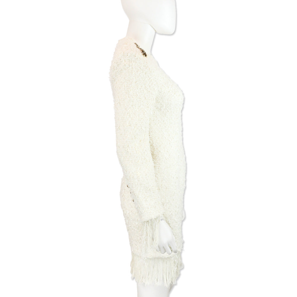 Balmain White Frayed Boucle Tweed Four-Button Fringe Midi Dress