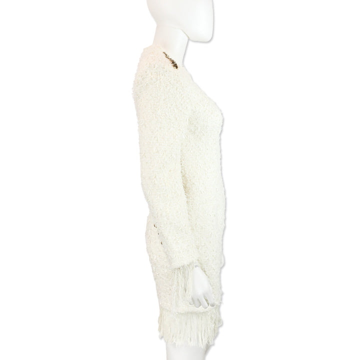 Balmain White Frayed Boucle Tweed Four-Button Fringe Midi Dress