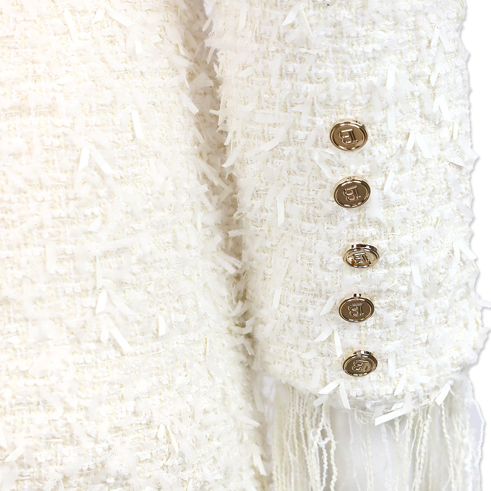 Balmain White Frayed Boucle Tweed Four-Button Fringe Midi Dress