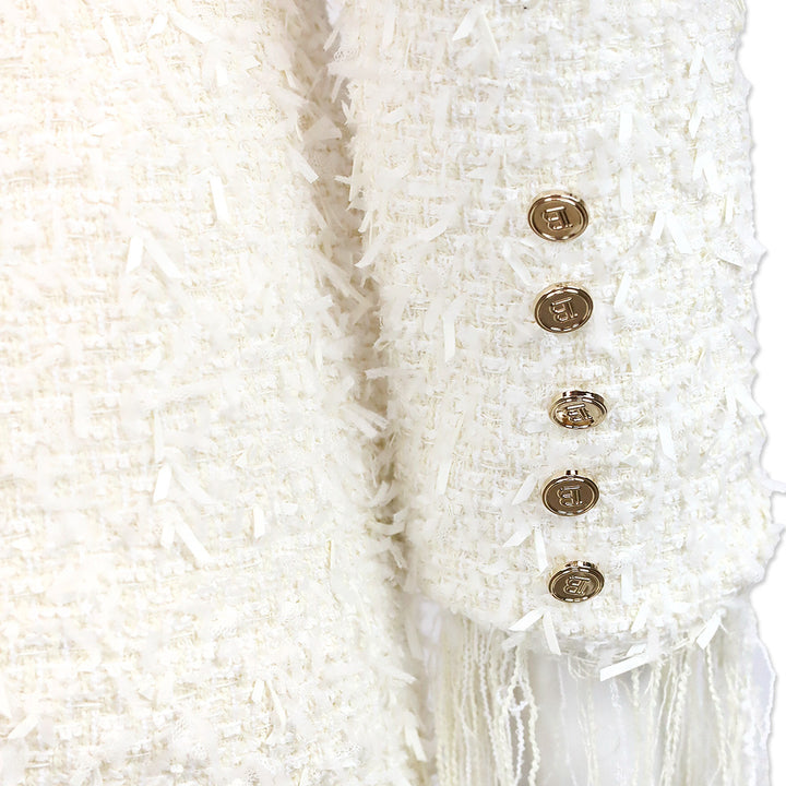 Balmain White Frayed Boucle Tweed Four-Button Fringe Midi Dress