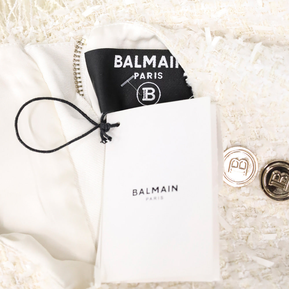 Balmain White Frayed Boucle Tweed Four-Button Fringe Midi Dress