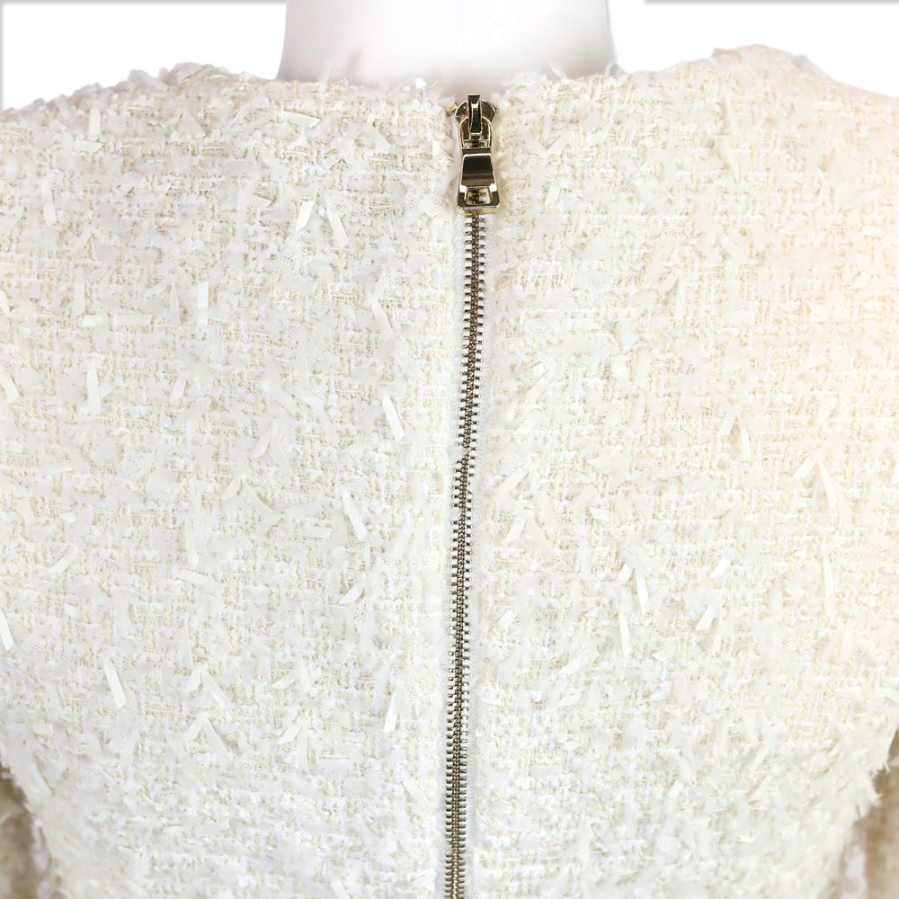 Balmain White Frayed Boucle Tweed Four-Button Fringe Midi Dress