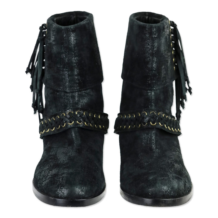 Balmain Black Suede Braided Fringe Ankle Boots