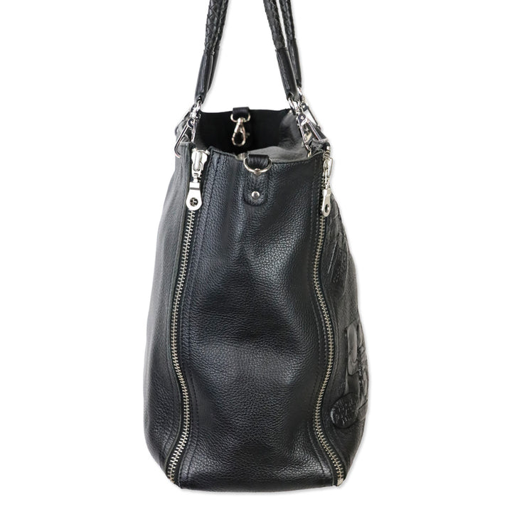Barbara Rihl Black Leather Embossed Side Zipper Tote