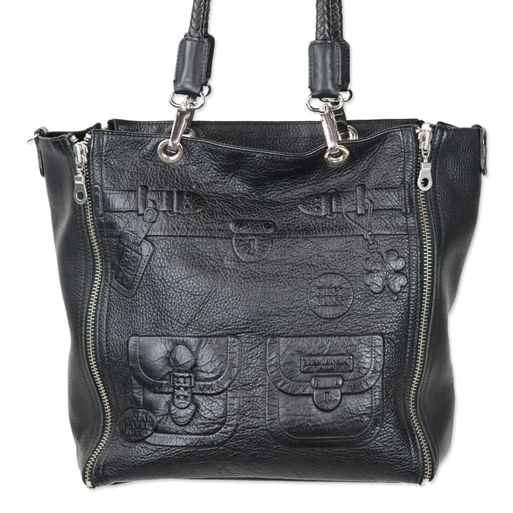 Barbara Rihl Black Leather Embossed Side Zipper Tote
